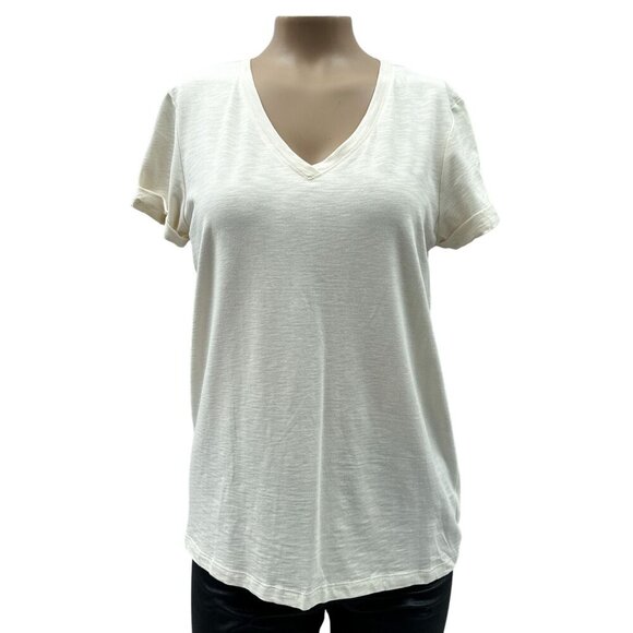 Max Studio Short Sleeve V-Neck Lightweight Relaxed Fit T-Shirt Ivory Womens S - Picture 1 of 10